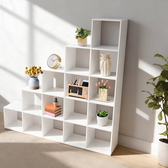 57.48*11.02*57.48in Modern Free Standing PVC Board White Ladder Cube Storage Bookcase for Study Rooms