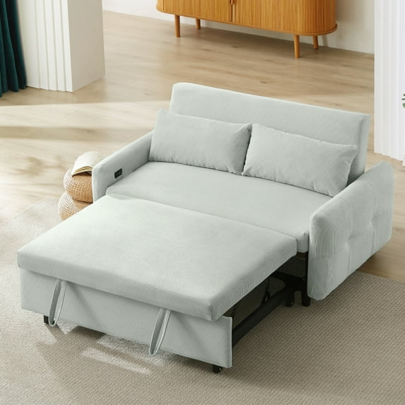 57.48" 2-Seat Pull-Out Sleeper Sofa - Modern Convertible Loveseat with USB Ports & Two Throw Pillows for Living Room,Pale Green