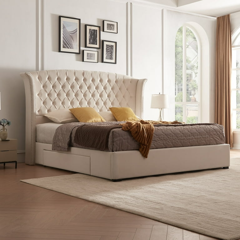 Walmart King Size Beaded Velvet Wingback Bed Frame with