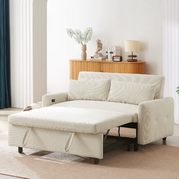 57.48" Pull-out Sofa Bed Convertible Couch 2 Seat Loveseat Sofa Modern Sleeper Sofa with Two Throw Pillows and USB Ports for Living Room, Beige