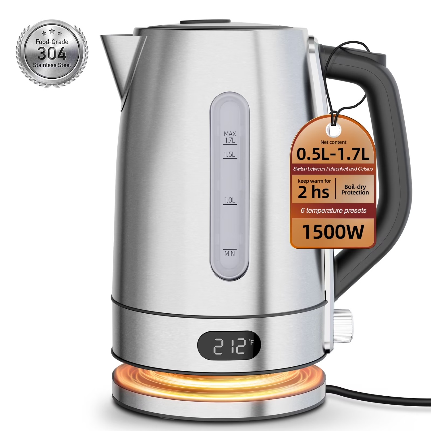57.48oz Stainless Steel Electric Kettle with Fast Boiling, Keep-Warm ...