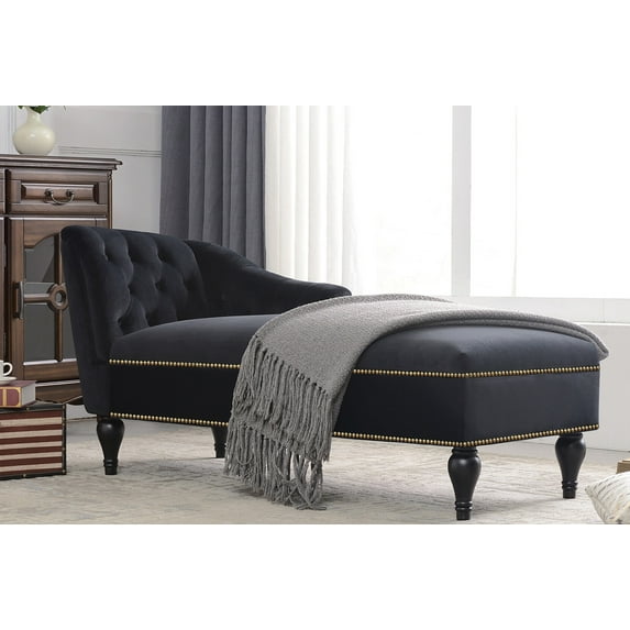 57.5*26.5" Chaise Lounge Indoor with Storage, Nailhead-Trimmed Tufted Lounge Chair, Velvet Vintage Upholstered Chaise Sleeper Lounges Couch Sofa for Living Room, Bedroom and Office,Black,Left Armrest