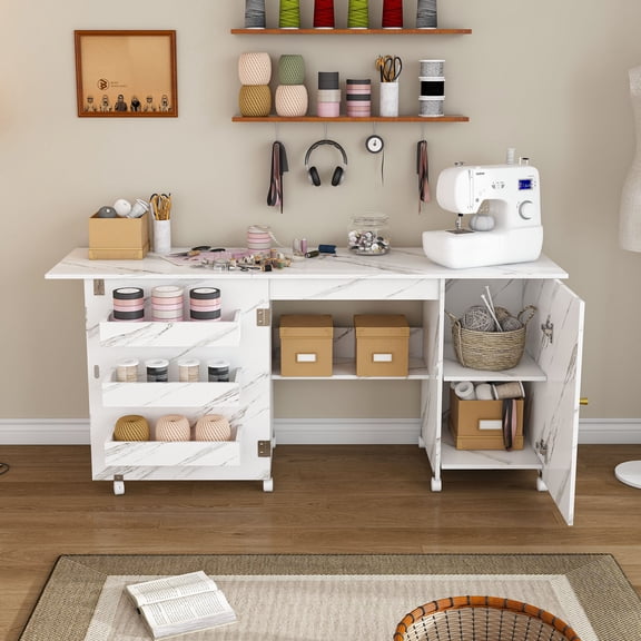 57.5 Foldable Sewing Machine Table with Locking Casters, Multi-Storage Craft Station with Shelves, Bins & Cabinet, Adjustable Sewing Cabinet for Home, Bedroom, and Craft Room (White)