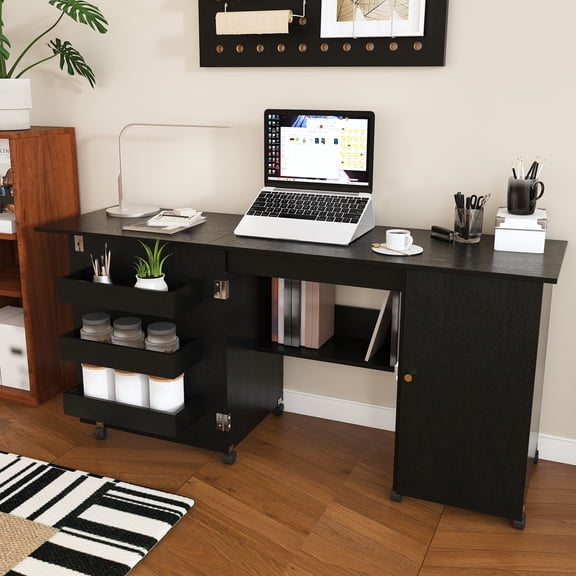 57.5" Foldable Sewing Machine Table with Locking Casters, Multi-Storage Craft Station with Shelves, Bins & Cabinet, Adjustable Sewing Cabinet/Office Desk for Home, Bedroom, and Craft Room(Black)