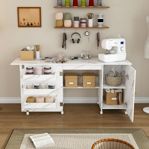 57.5" Foldable Sewing Machine Table with Locking Casters, Multi-Storage Craft Station with Shelves, Bins & Cabinet, Adjustable Sewing Cabinet/Office Desk for Home, Bedroom, and Craft Room(White)