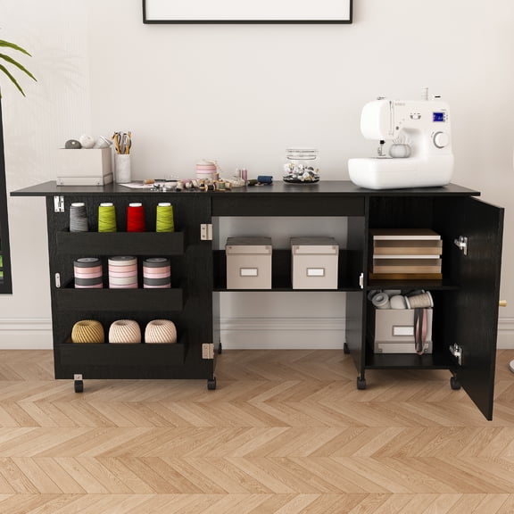 57.5" Foldable Sewing Machine Table with Locking Casters, Rolling Craft Station with Storage Shelves & Bins, Black