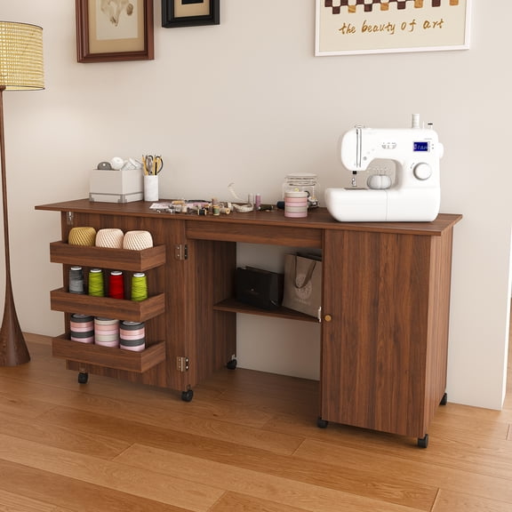 57.5" Foldable Sewing Machine Table with Locking Casters, Rolling Craft Station with Storage Shelves & Bins, Walnut