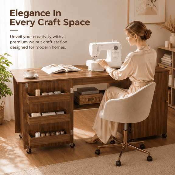 57.5 Foldable Sewing Table with Storage Cabinet & Casters, Walnut