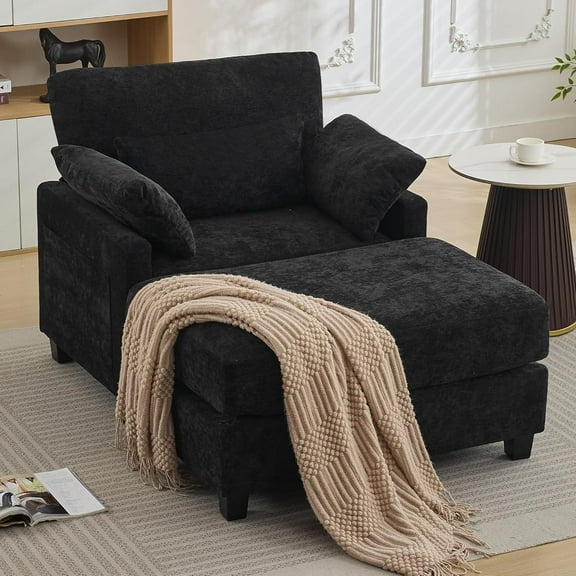 57.5" Oversized Chaise Lounge with Ottoman Indoor, Black Reading Chair with Ottoman & Sofa Bed, Chenille Upholstered Comfy Sleeper Chair for Living Room, Bedroom, Office