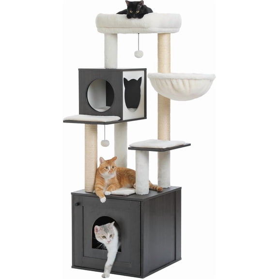 57.5" Tree with Litter Box Enclosure for Large Indoor Cats | Wooden tower with sisal posts, hammock, condo & top perch; litter box furniture for multi- homes