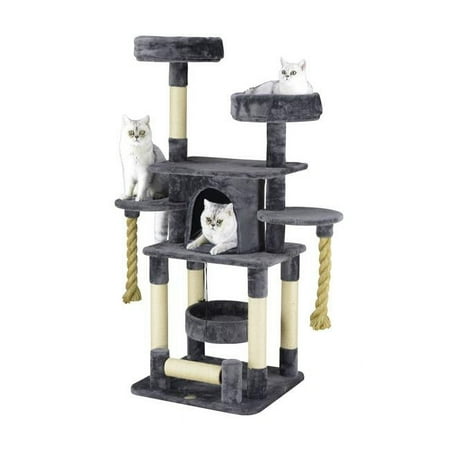 57.5 in. Jungle Rope Cat Tree House with Sisal Covered Posts & Two Ropes, Slate Grey
