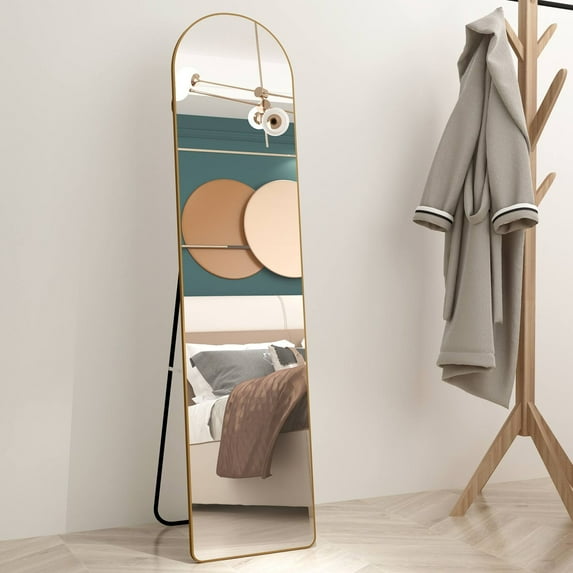 57.5''x14.2''Arched Full Length Mirror, Full Body Floor Mirror Standing Hanging or Leaning Wall, Arch Wall Mirror with Stand Metal Support for Bedroom Cloakroom, Golden