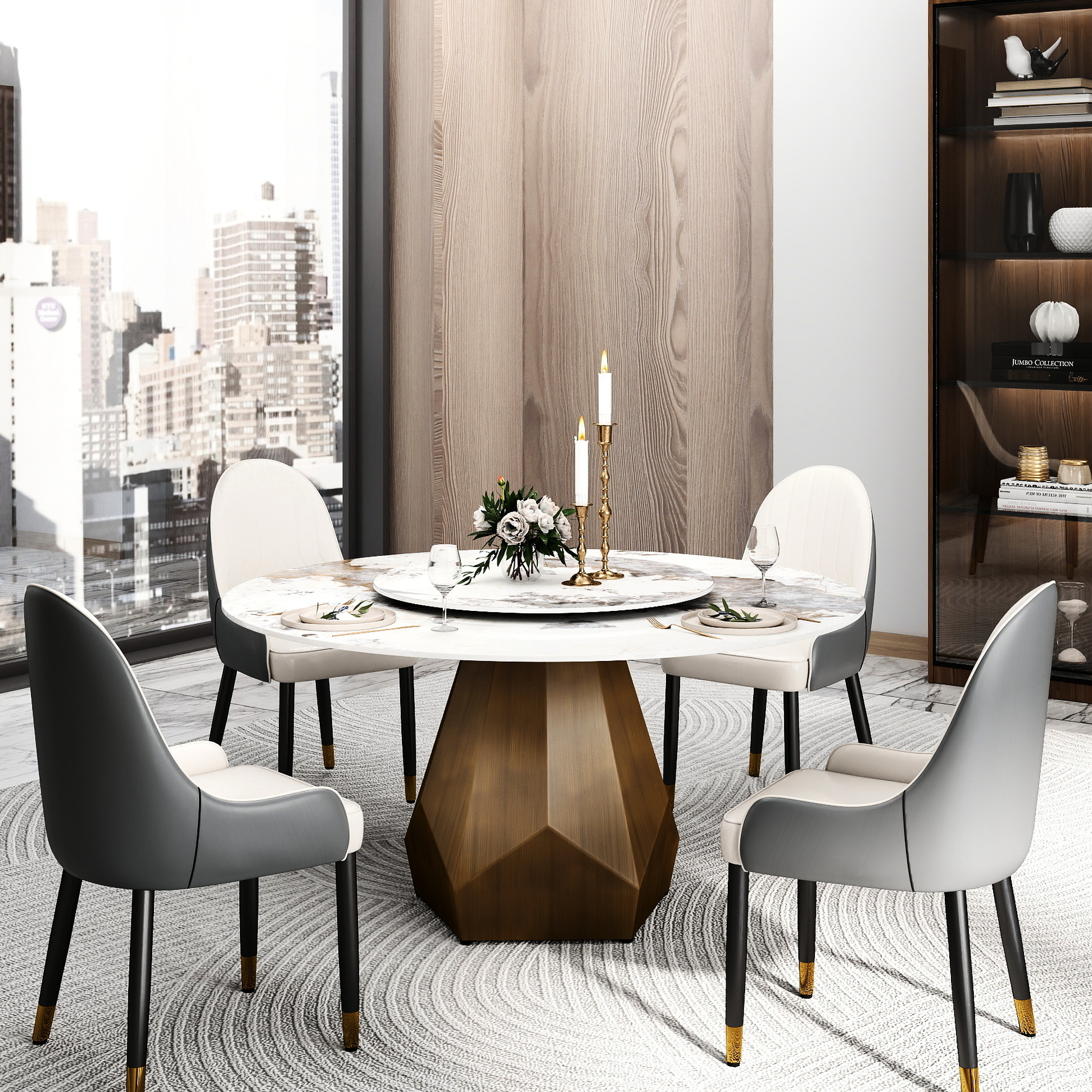 57.57" Round Dining Table With Metal Base, Sintered Stone, 31.5" White ...