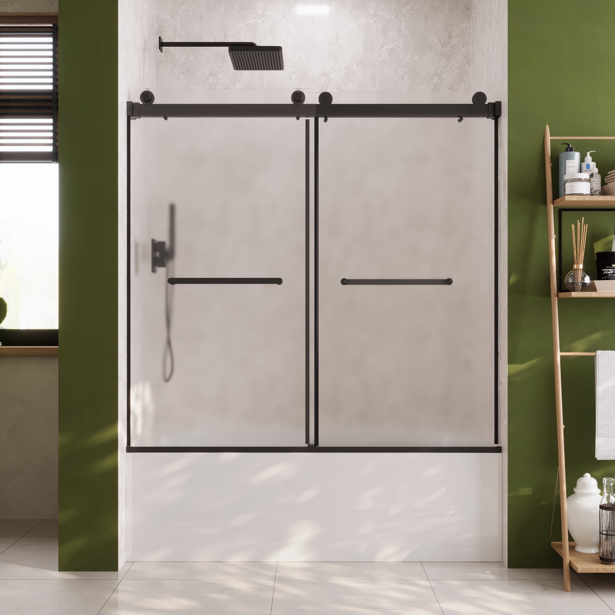 57-59 in. W x 59 in. H Double Sliding Frameless Bathtub Door in Matte Black with 3/8 in. (10 mm) Frosted Glass