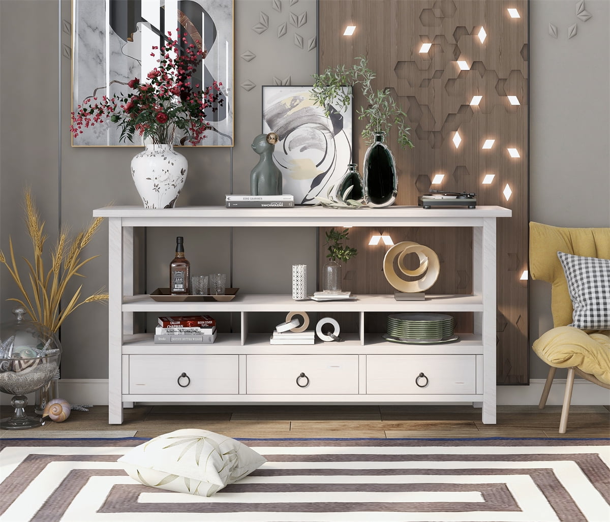 57.8'' Solid Wood Console Table, Modern Entryway Sofa Side Table with 3 ...