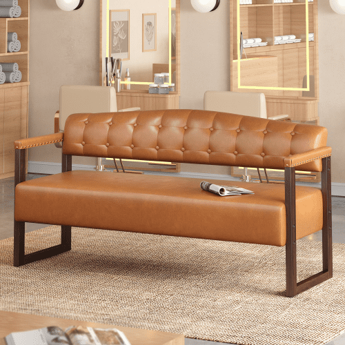 57.83" Waiting Room Bench, Mid-Century Modern Reception Sofa with Tufted Backrest and Nailhead Trim, Black PU Leather Commercial Waiting Bench for Beauty Salon, Spa, Office, Barber Shop, Dark Brown