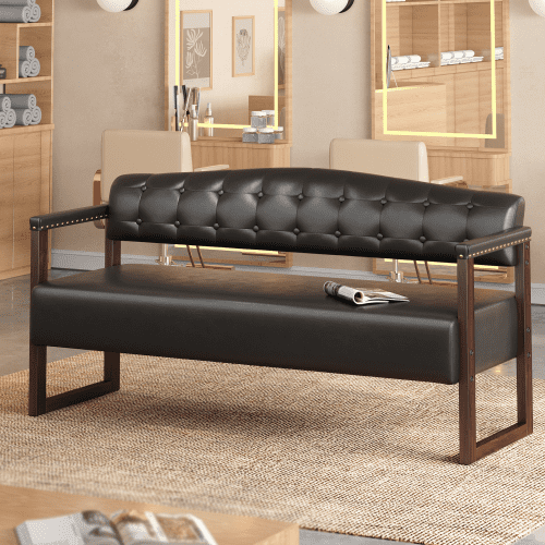 57.83" Waiting Room Bench, Mid-Century Modern Reception Sofa with Tufted Backrest and Nailhead Trim, Black PU Leather Commercial Waiting Bench for Beauty Salon, Spa, Office, Barber Shop, Black