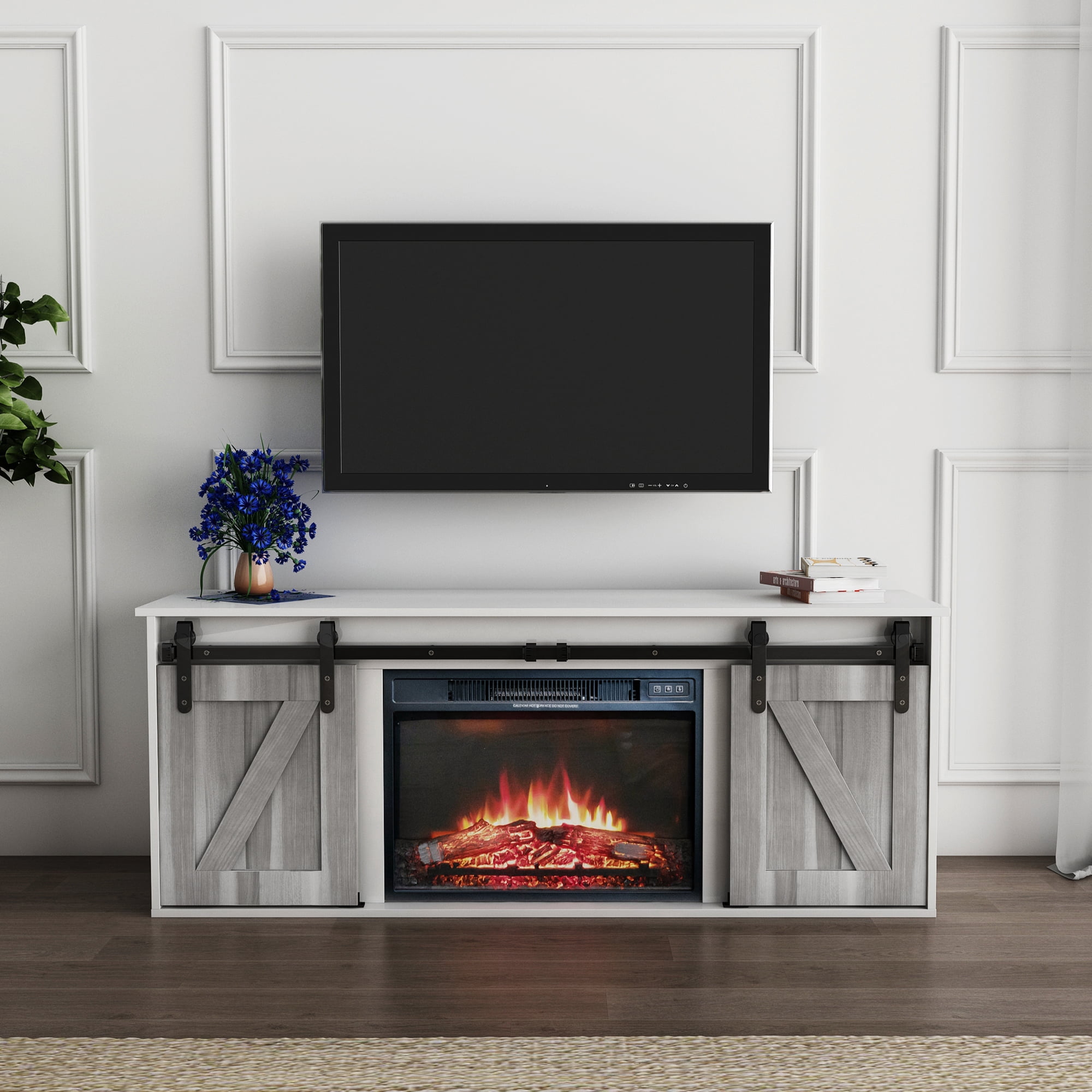 57.87" TV with Electronic Fireplace and Sliding Barn Door, Farmhouse TV Stand for TV Up