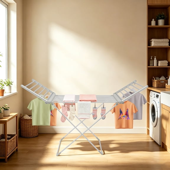 57.87in Silver Folding Electric Clothes Drying Rack, 230W Free-Standing Heated Laundry Drying Rack, Fold Flat for Storage, Overheat Protection for Indoor Use