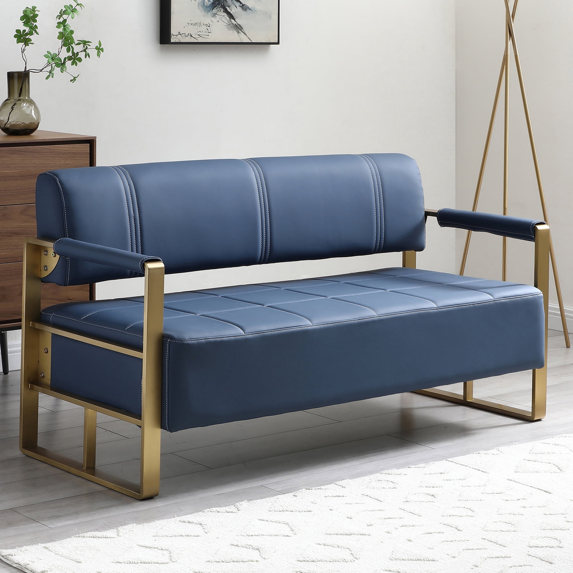 57.9 Width Modern Upholstery Faux Leather Sofa 2 Seater Couch Sofa with Golden Metal Arms and Seat Padded Accent Love Seats for Living Room Office