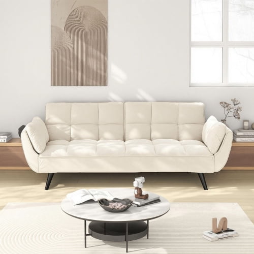 57" Adjustable Backrest Sofa Bed, Convertible Sofa with Multi Position, Futon with Easy Assembly for Small Space Living, Beige