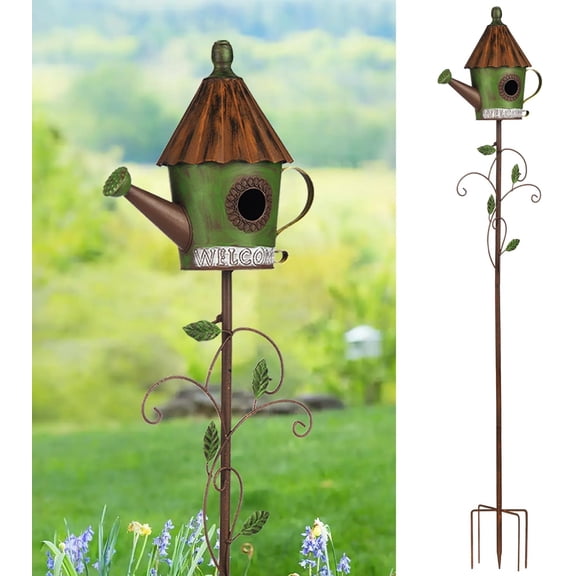 57 Bird Houses Stake for Outside, Metal Watering Can Garden Stake Wild Bird Feeder Pole with Welcome Sign Outdoor Decorations for Patio, Backyard, Garden