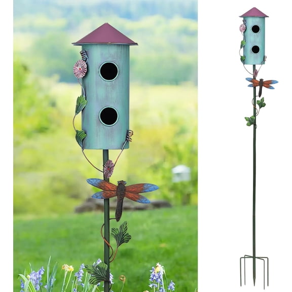 57 Bird Houses Stake for Outside, Metal Wild Bird Feeder Double-Hole Birdhouse Stake with Cylinders Design Outdoor Decorations for Patio, Backyard, Garden