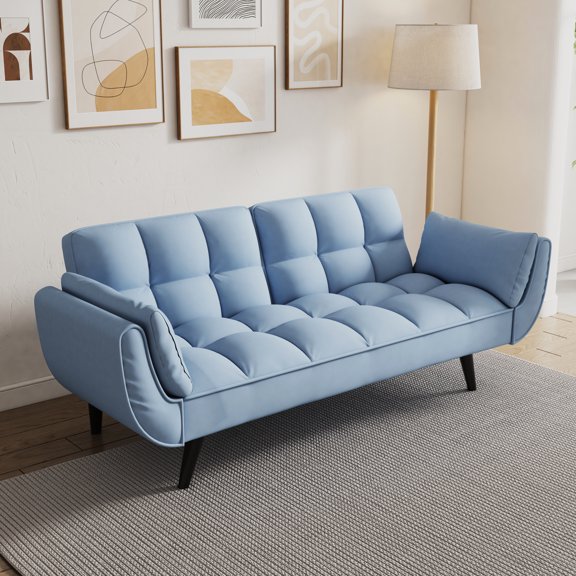 57" Blue Velvet For Small Apartments. Multi-functional As And Bed. Adjustable Postures. Easy Assembly. Sponge Filled. 300lb Weight Capacity. 2 Seat Spaces. Turns Into Bed With Ease. Positions.