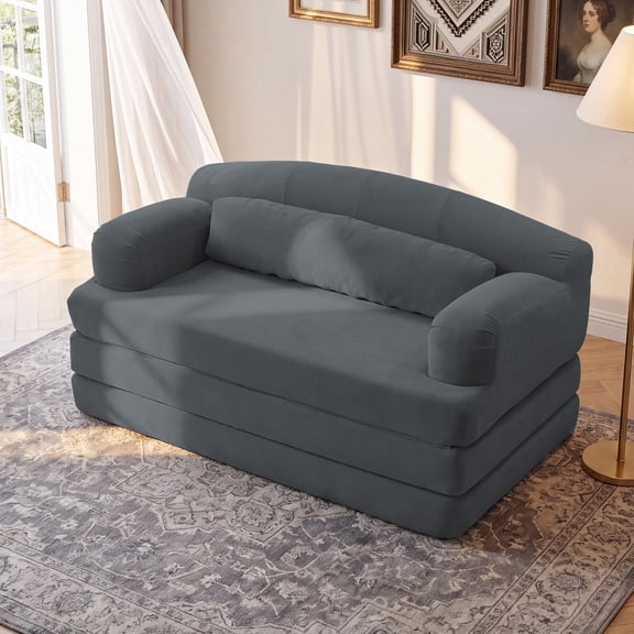 57" Boneless Loveseat Sleeper Foldable Sofa Couch, 2-in-1 Convertible Sofa Couch Bed with Thick Backrest and Plush Corduroy Upholstery, Compact Space-Saving for Apartment, Living Room, Dark Gray