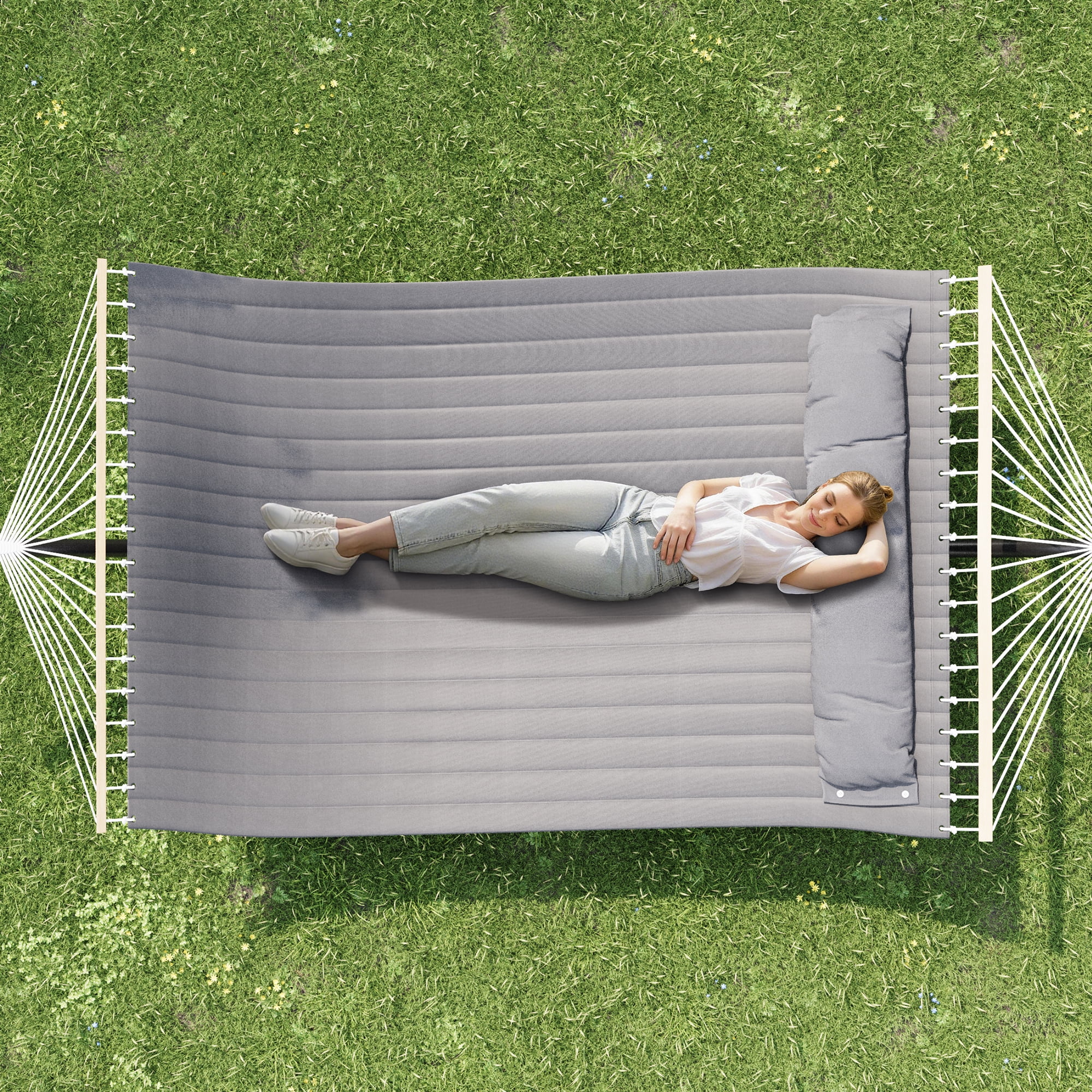 57" Double Hammock with Carry Bag, 2 Person Hammock with Heavy Duty Metal Stand, Cotton Fabric, Widening Design, 450 LBS Weight Capacity for Outdoor