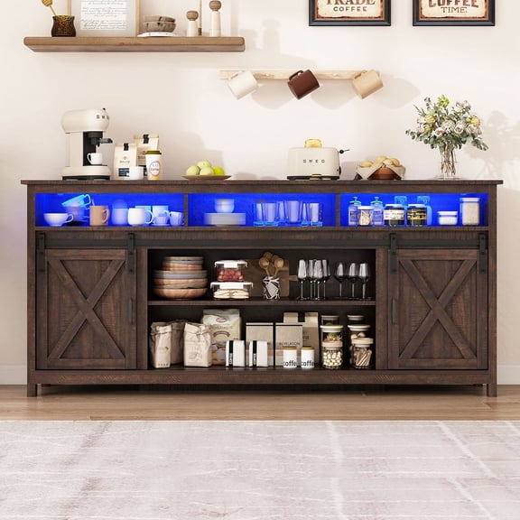 70" Farmhouse Coffee Bar Cabinet with LED Lights & Charging Station, Large Sideboard Buffet Storage Cabinet with Sliding Barn Doors for Kitchen, Dining Room, Living Room