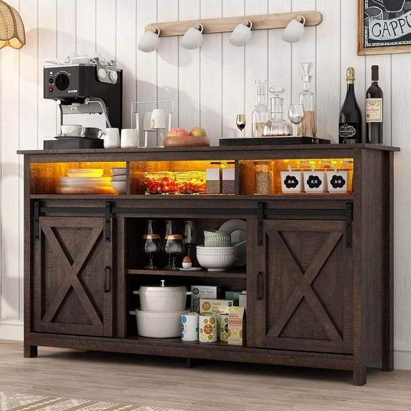 Blotout Farmhouse Coffee Bar Cabinet with Charging Station & LED Light, 57" Sliding Barn Door Buffet Sideboard, Microwave Stand & Storage Credenza for Kitchen Dining Room