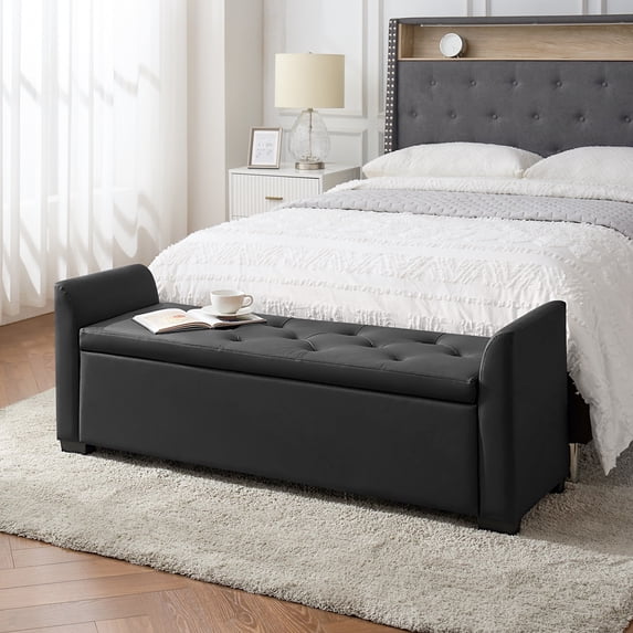 57" Faxu Leather Storage Bench Upholstered Flared Arms Bed Foot Stool Entryway Hallway Bedroom Black