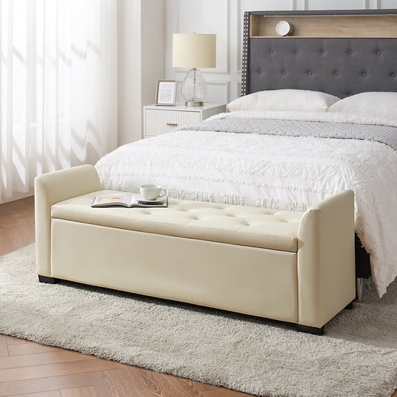 57" Faxu Leather Storage Bench Upholstered Flared Arms Bed Foot Stool Entryway Hallway Bedroom Ivory