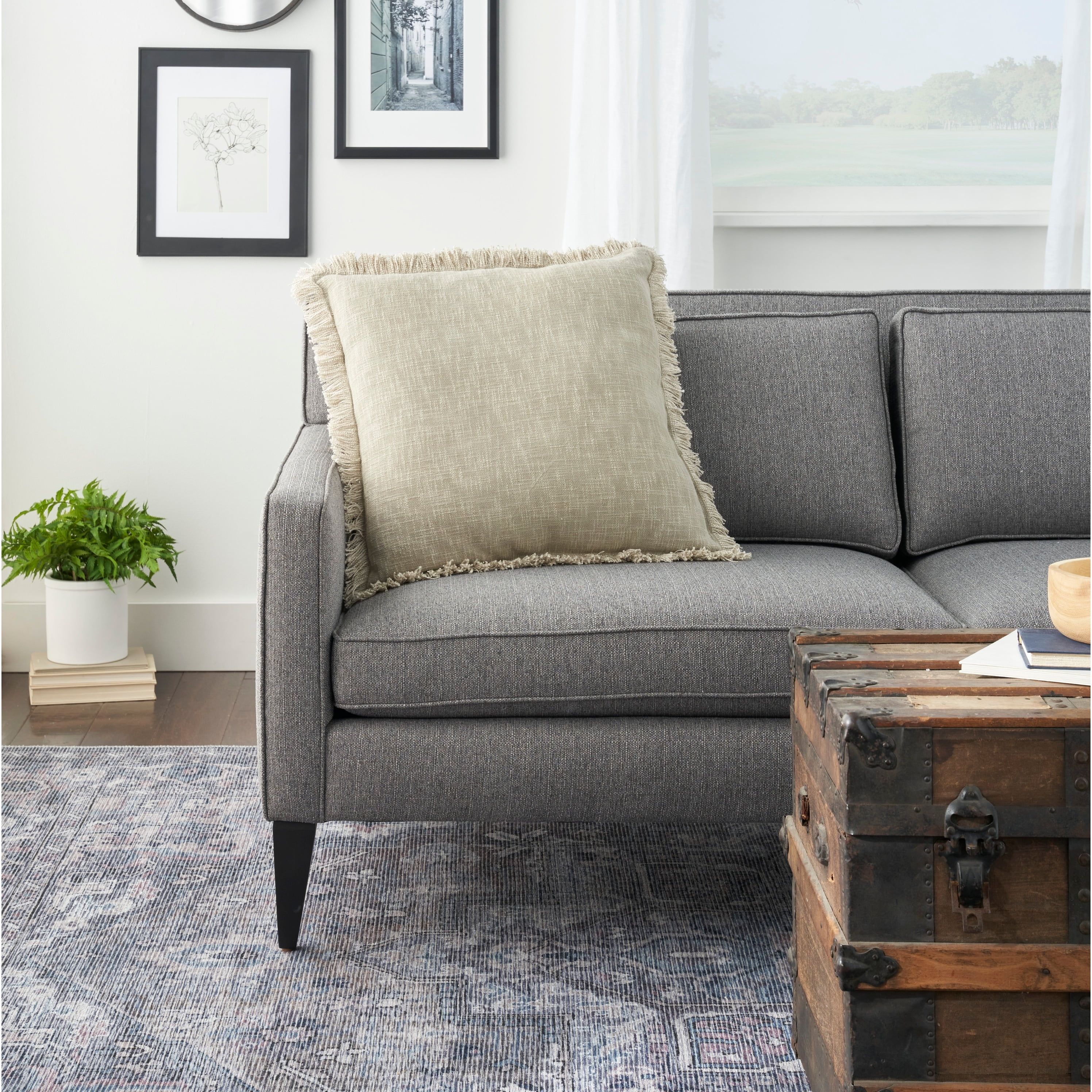 Taupe Stonewash Cotton Throw Pillow with Fringe Edges, 22" x 22"