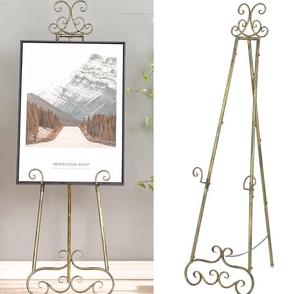 57”H Metal Easel Stand for Sign Rustic, Upgrade Large Free Standing Adjustable Display Scroll Easel Stand, Heavy Duty for Mirror Pictures Wedding Holder Showcasing with Chain Support