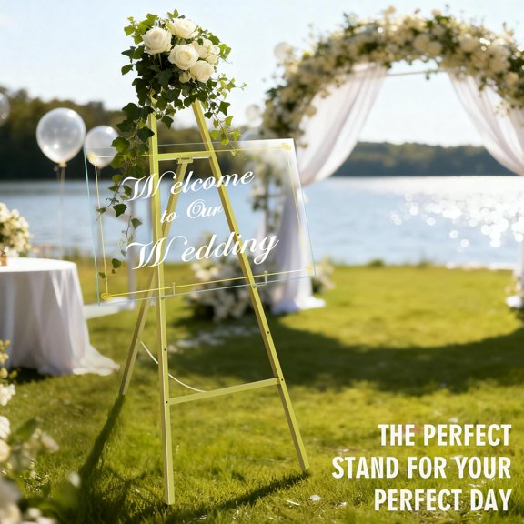 57" Heavy Duty Gold Easel Stand for Wedding Signs Holds up to 50 lbs Metal Floor Easel for Sign, Seating Chart, Art & Mirrors Quick 5-Min Assembly, Adjustable Display Stand