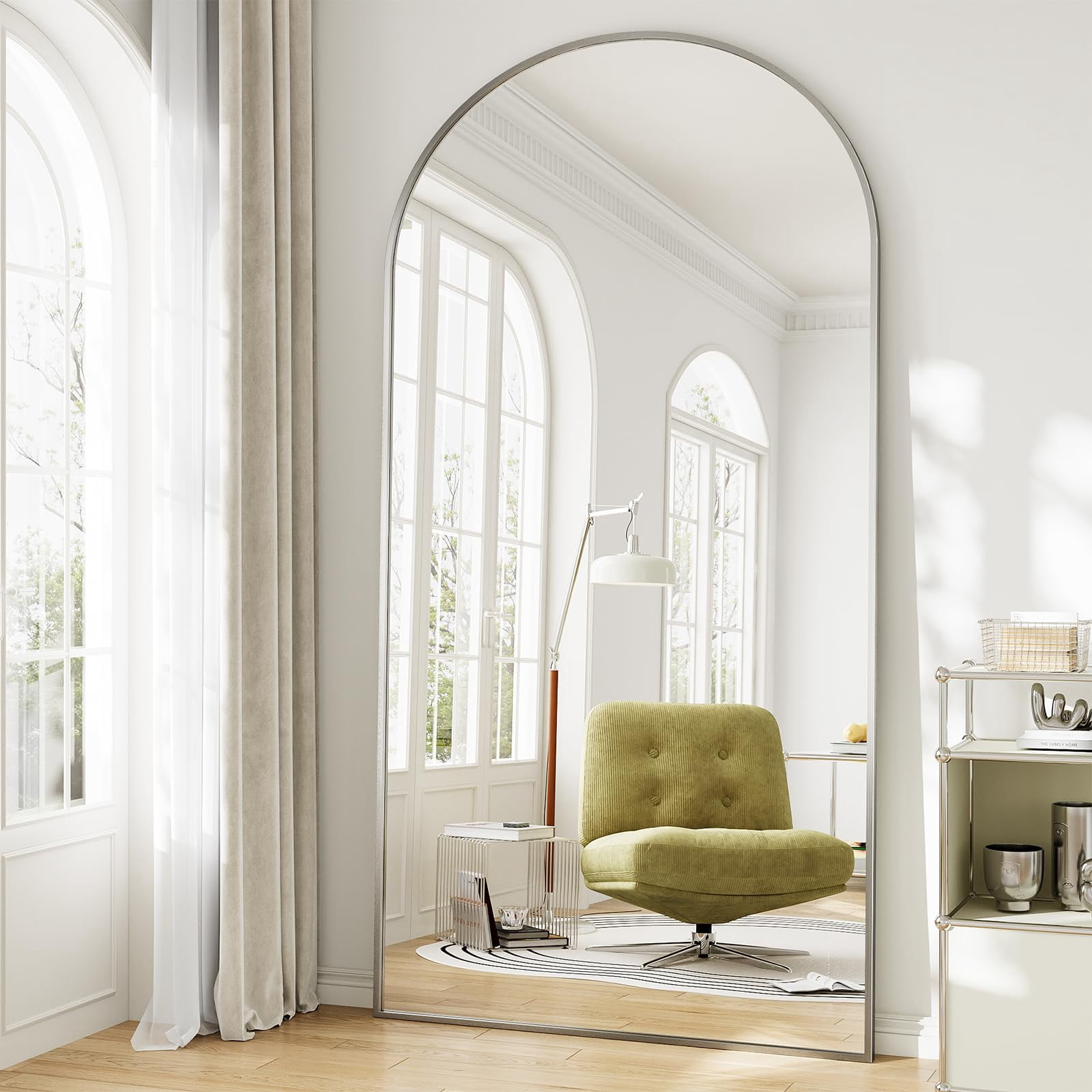 57 Inch Arched Full Length Wall Mounted Floor Mirror with Aluminum ...