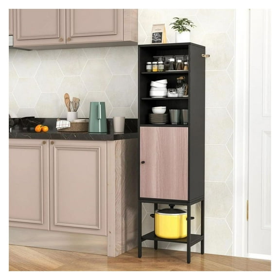 57 Inch Bathroom Tall Cabinet - Narrow Storage Unit with Door & Shelves - Black/Gray/White - Freestanding Organizer for Living Room, Kitchen, Study