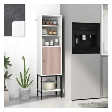 57 Inch Bathroom Tall Cabinet - Narrow Storage Unit with Door & Shelves - Black/Gray/White - Modern Home Organizer