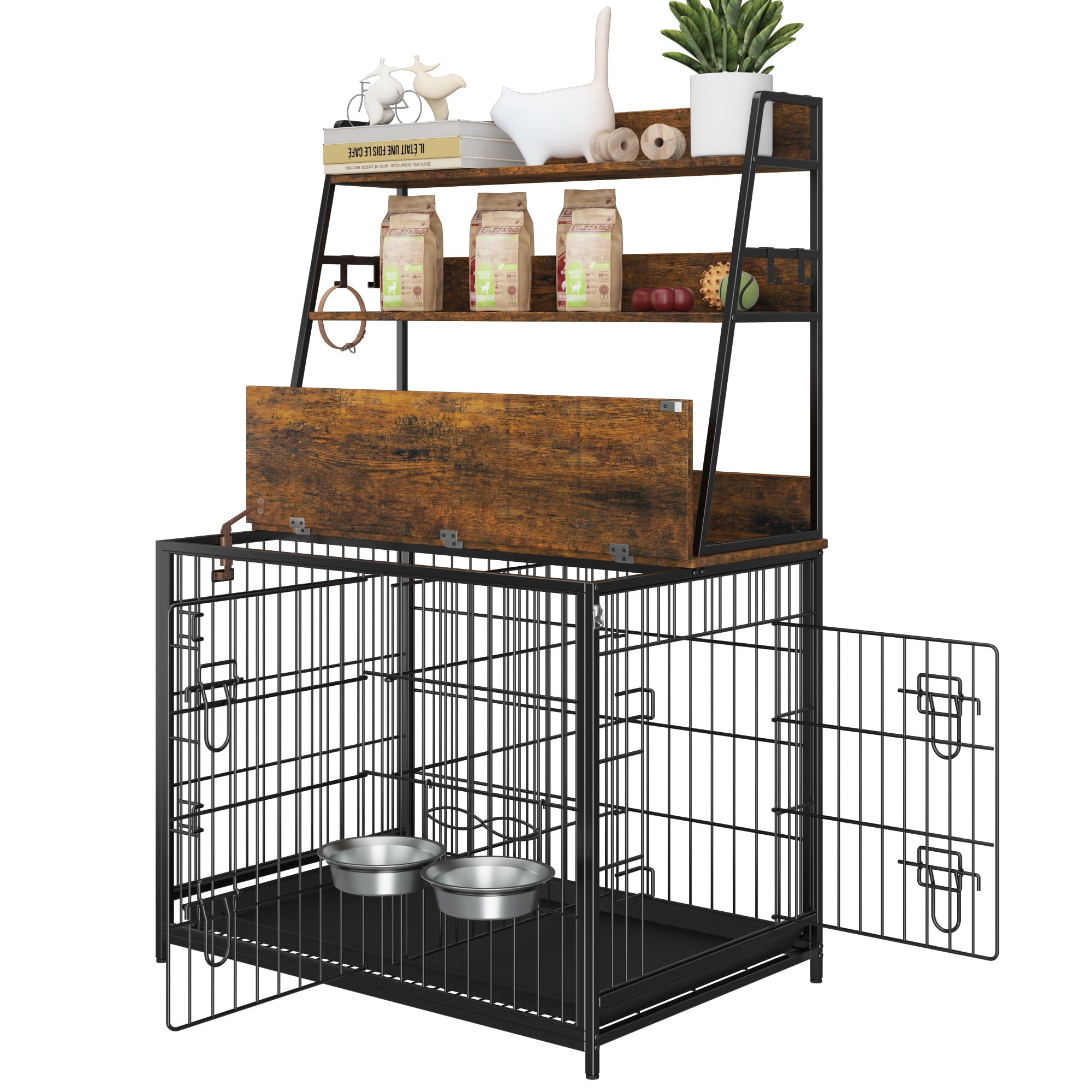 View of 57 Inch Dog Crate Furniture - Wooden Dog House Indoor with 3-Layer ...