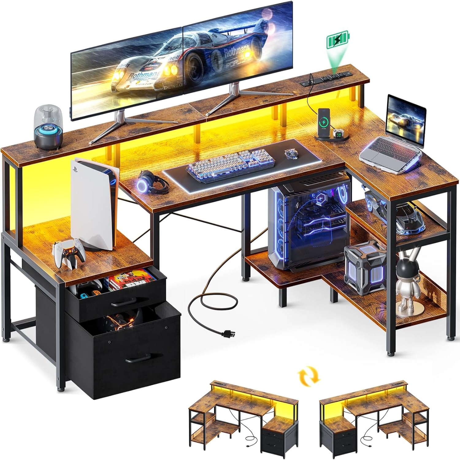 57 Inch L Shaped Gaming Computer Desk with USB Charging Ports & Power