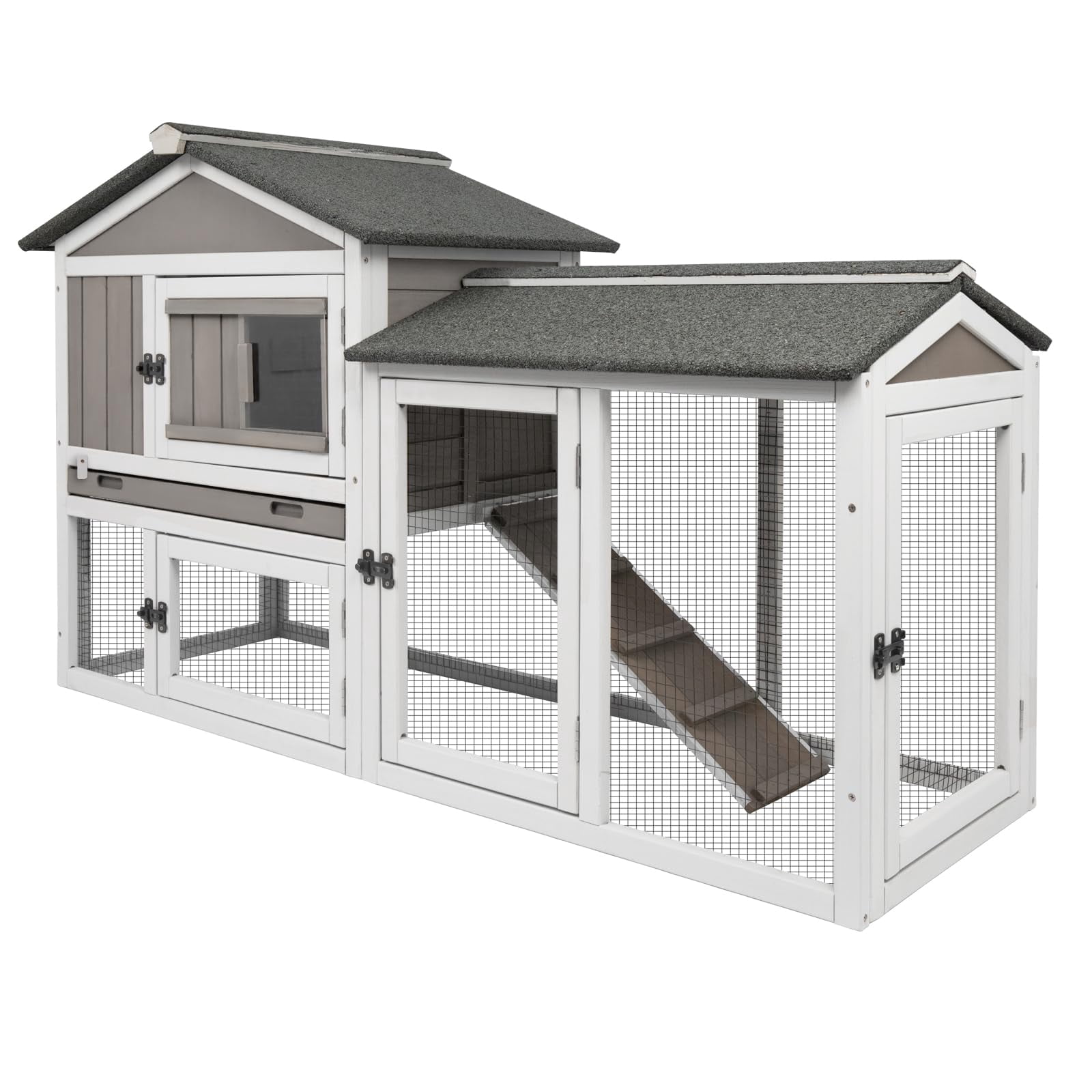 57 Inch Large Rabbit Hutch Indoor Outdoor 2 Story Bunny Cage with Pull Out Tray, Wooden Ramp, Waterproof Roof, Spacious Guinea Pig Cage for Rabbits, Grey