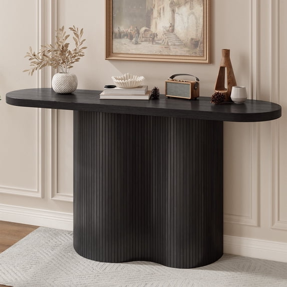 57-Inch Mid Century Accent Sofa Table, Tambour Waterfall Design Console Table Behind Couch, Black