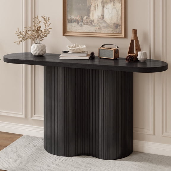 57-Inch Mid Century Accent Sofa Table, Tambour Waterfall Design Console Table Behind Couch, Black