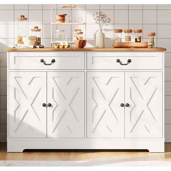 57 Inch Modern Farmhouse Sideboard Buffet Cabinet with 2 Drawers & Adjustable Shelves, Large Kitchen Storage Cabinet, Dining Room Coffee Bar Organizer, White