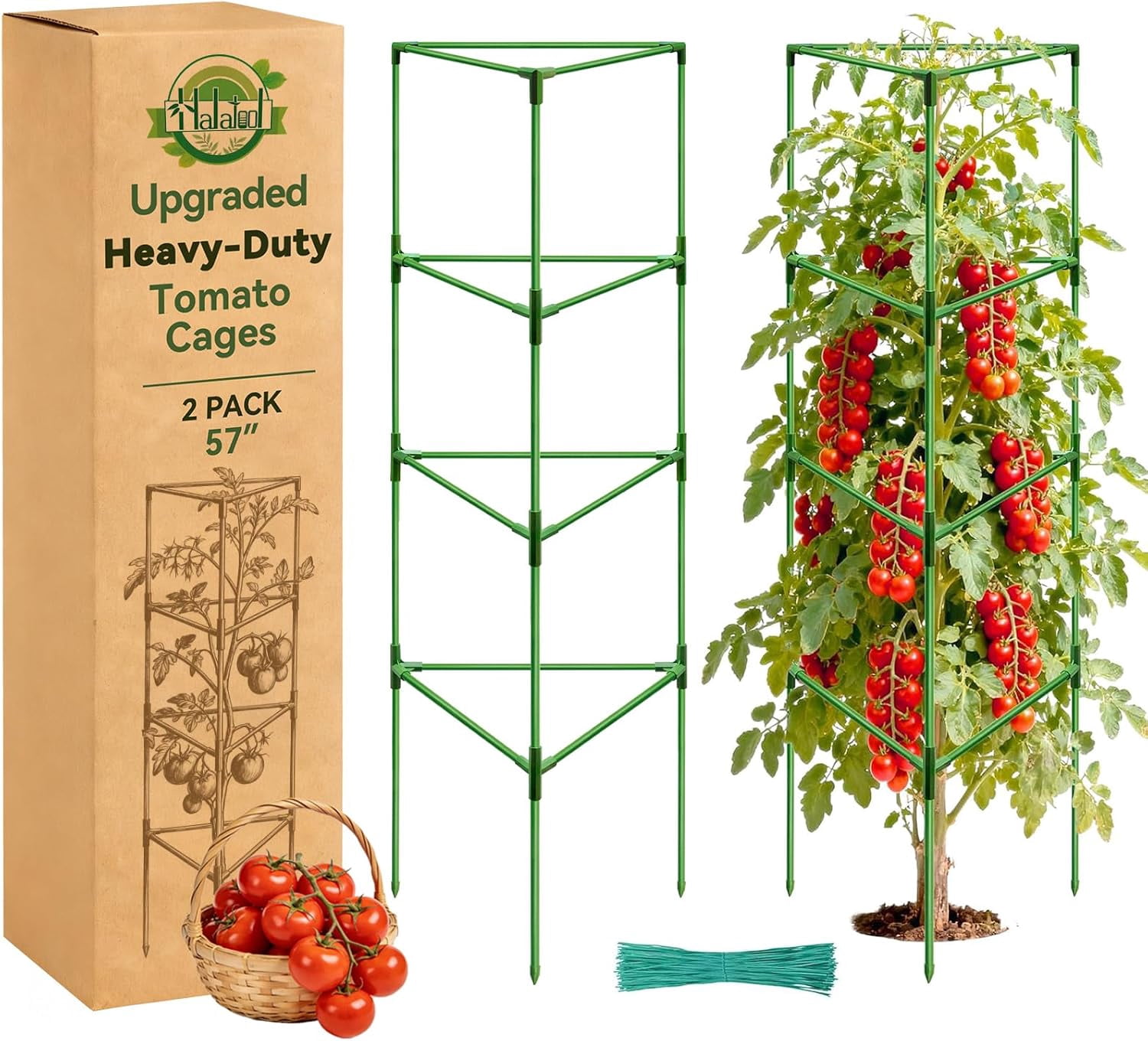 57 Inch Tall Tomato Cages, 2 Pack Heavy Duty Metal Plant Supports Stakes for Garden, Adjustable Foldable Steel Trellis for Climbing Plants Cucumbers Peppers Cherry Flowers Vegetables Fruits
