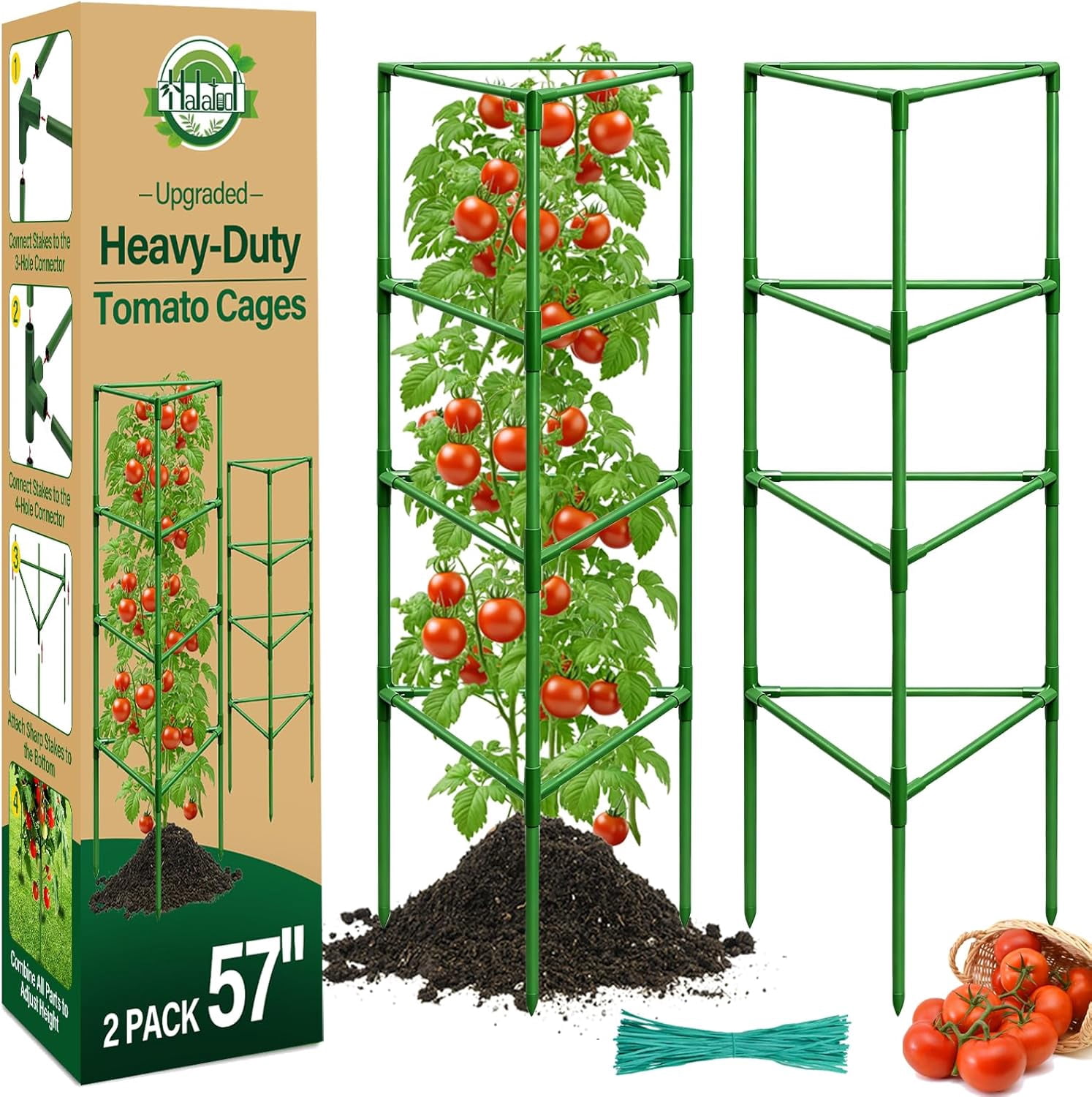 57 Inch Tall Tomato Cages, 2 Pack Heavy Duty Metal Plant Supports Stakes for Garden, Adjustable Foldable Steel Trellis for Climbing Plants Cucumbers Peppers Cherry Flowers Vegetables Fruits