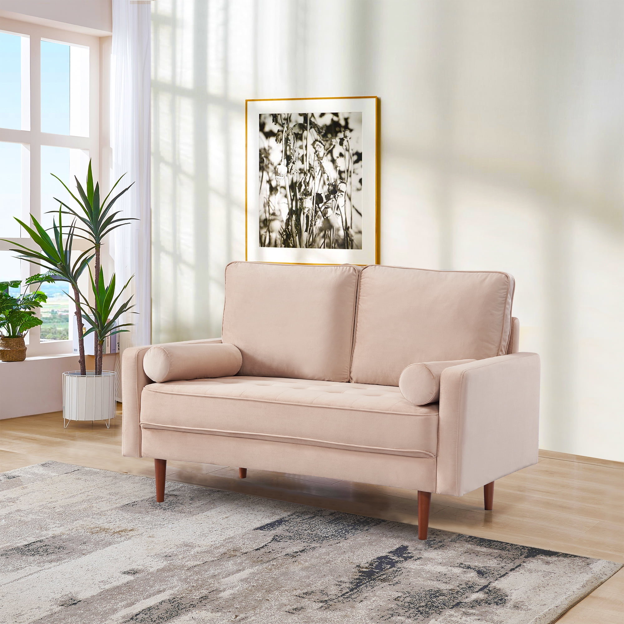 57 Inch Wide Upholstered Two Cushion Loveseat w Bolster Pillows in Beige Velvet
