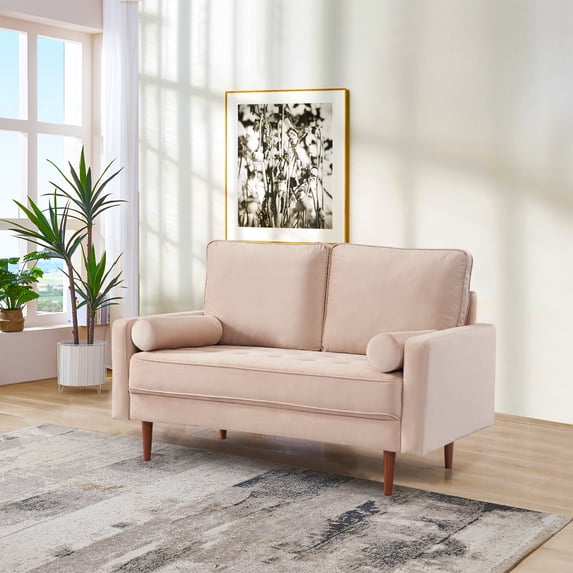 57 Inch Wide Upholstered Two Cushion Loveseat w/ Bolster Pillows in Beige Velvet